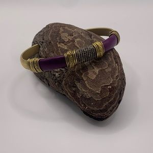 Brass thin Cuff metalwork Bracelet with purple leather and snake skin details